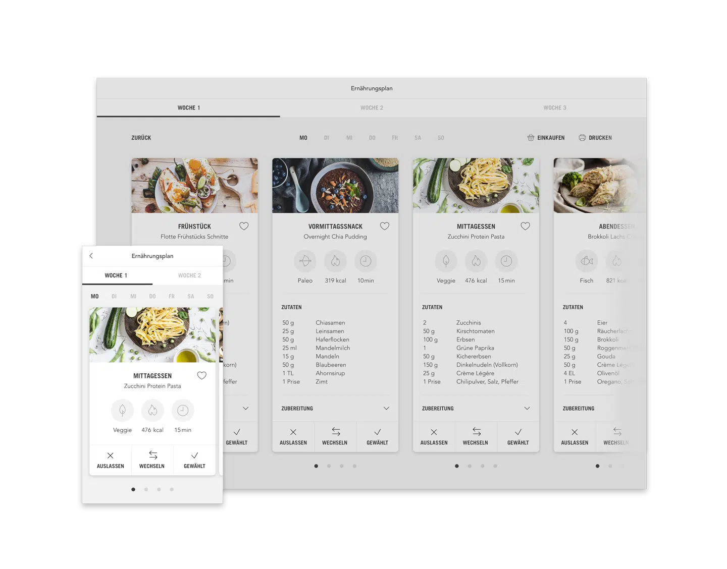 Für Sie Ernährungsplan Plan mit Mahlzeiten (Desktop responsive Ansicht Beispiel Tag)